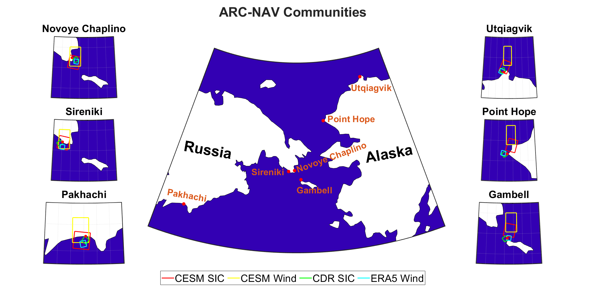 Figure 1. Map of Beringia (area comprising Alaska and Eastern Siberia) and locations of each key Arctic Robust Communities Navigating Adaption to Variability (ARCNAV) community: Utqiaġvik, Point Hope, Novoye Chaplino, Sireniki, Gambell, Pakhachi (red dots) with the closest grid cells for each data set used for analysis; CESM1‐SEAICE (red), CESM1‐ATMOSPHERE (yellow), CDR (green), and ERA5 (blue).