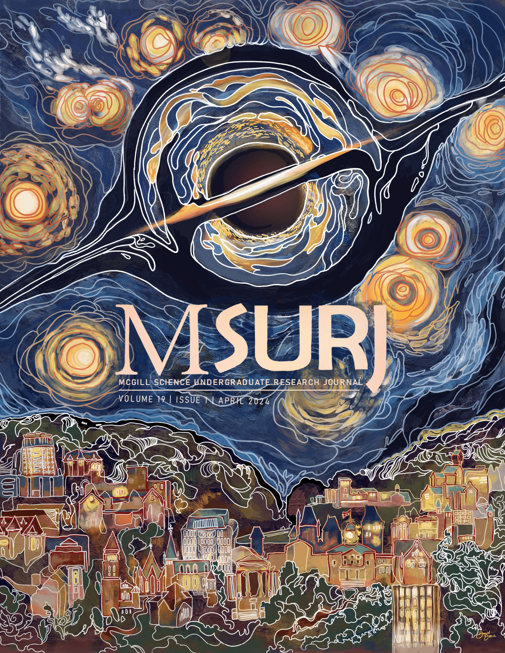 The painting on the cover, created using mixed media — oil and digital — depicts this journal’s home campus of McGill University at the foot of Montréal’s Mount Royal. The city-scape, illuminated by the blinding accretion disc of a black hole in the night sky, brings these elusive and distant bodies within reach of scientific and creative minds alike.